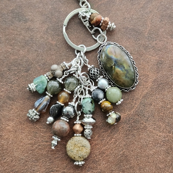 Handmade Accessories - 925 over Brass Stone Purse Charm or Keychain Handcrafted Jasper Agate Glass
